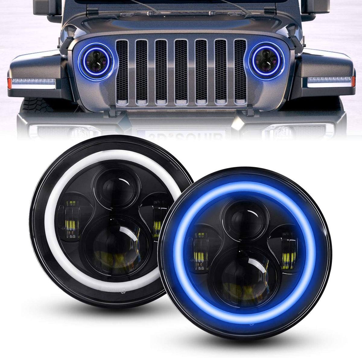 2 PCS 7 Inch Round LED Headlight High Low Beam (Green Halo) Z442