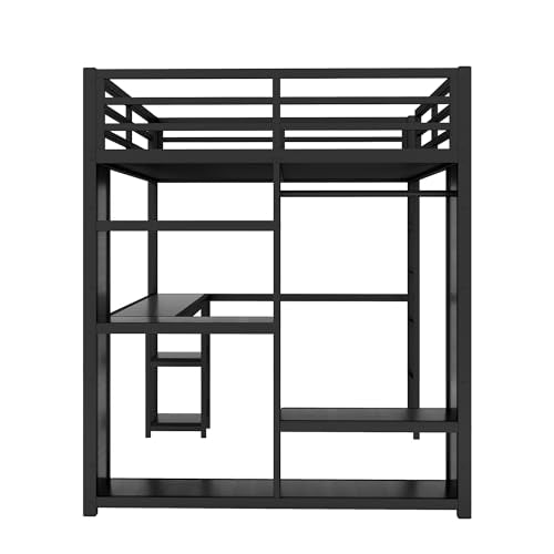 Queen Size Metal Loft Bed with Wardrobe and L-Shaped Desk Y846