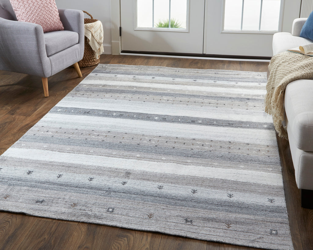 Handmade Stripes Gray Silver Black Area Rug U90090