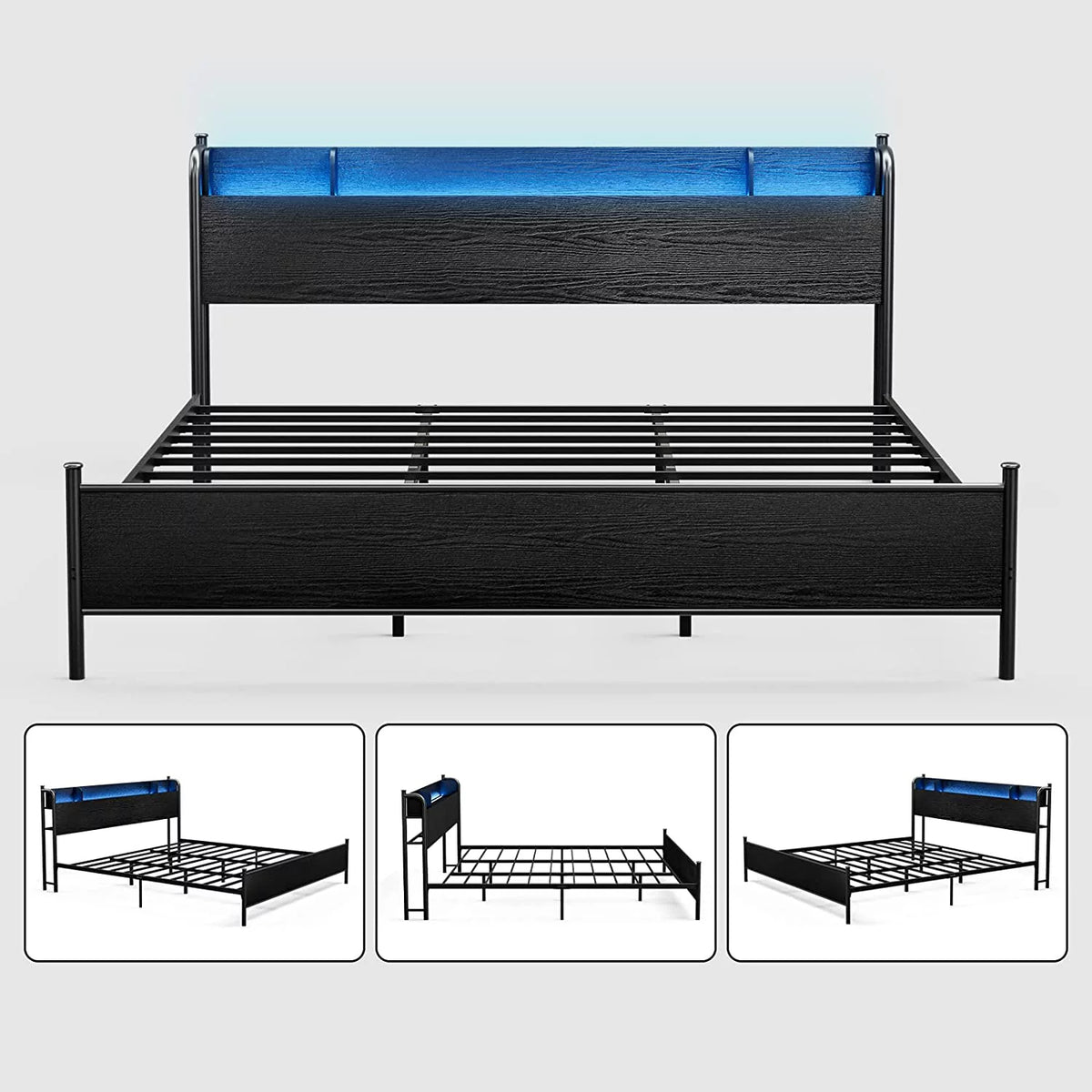 Black Twin XL LED Bed Frame with Storage Headboard and USB Ports T705251