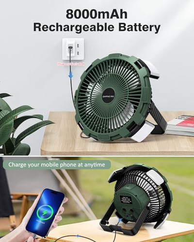 Camping Fan with LED Lantern, 8000mAh Rechargeable Battery Powered Tent Fan with Remote, 4 Speed B510840