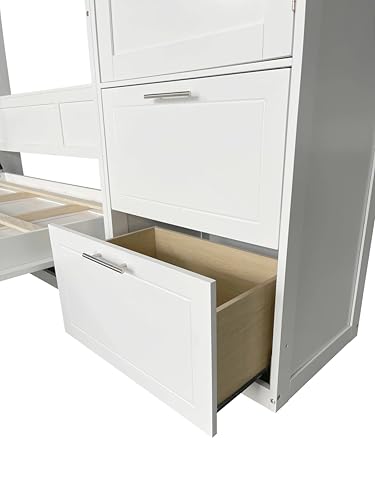 Queen White Wooden Murphy Bed with Built-in Closets, Drawers, and Shelving E1107
