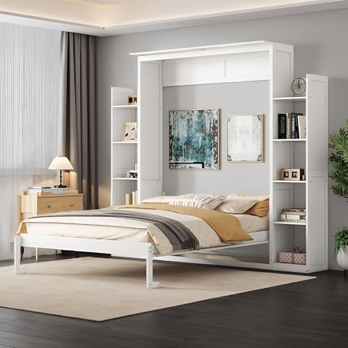 Queen White Wooden Murphy Bed with Built-in Closets, Drawers, and Shelving E1107