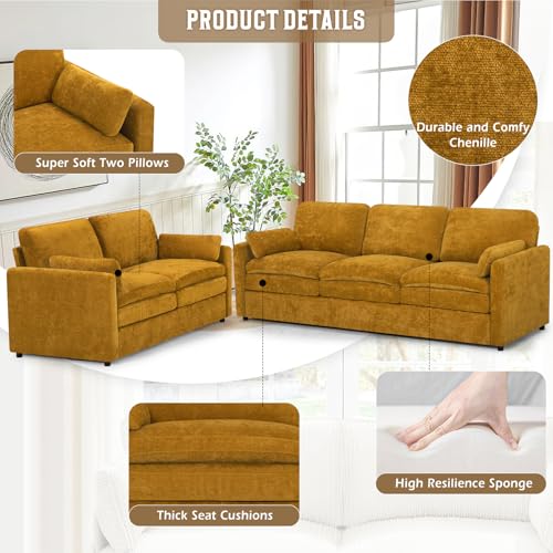 Black Chenille 3 Seats and 2 Seats Sofa Set with Pillows T42431