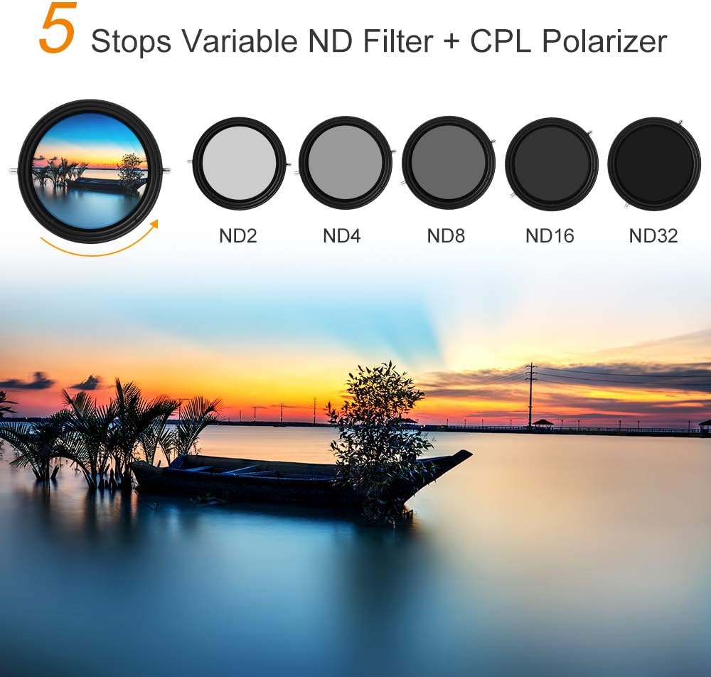 55mm Variable Fader ND2-ND32 ND Filter and CPL Circular Polarizing Filter 2 in 1 Pack of 2 L37391