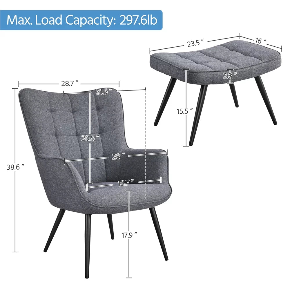 Gray Fabric Wingback Accent Chair with Ottoman I464062