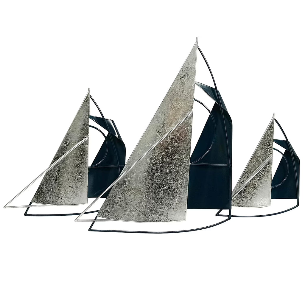 Blue Silver Metal Sailboats Hanging Wall Artwork A123157