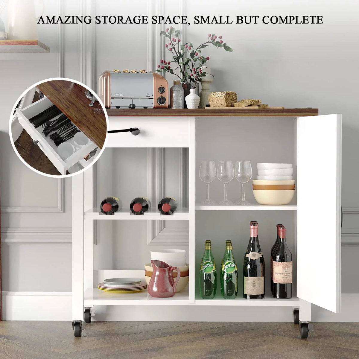 White Kitchen Island Cart on Wheels with Storage W968
