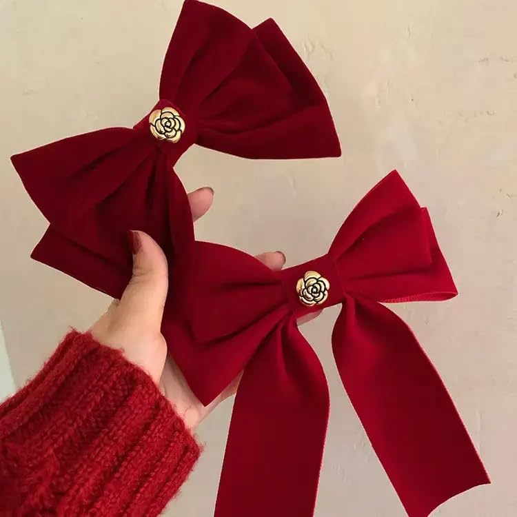 Velvet Hair Bow Clip with Metal Rose Accent, Pack of 2, Red Y2065
